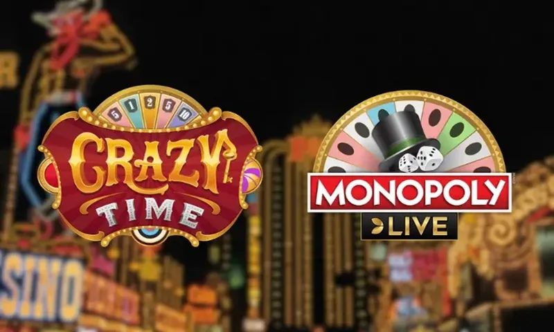 Crazy Time live game show studio with colorful spinning wheel and charismatic presenter