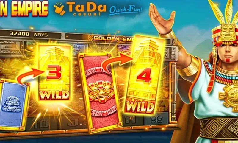 Golden Empire slot machine reels with Inca golden temples and expanding frame wilds