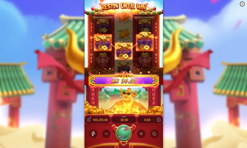 Fortune Ox slot with golden bull character, red envelopes, and 10x multiplier pot