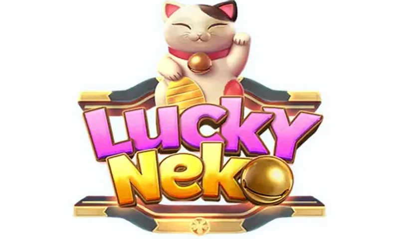 Lucky Neko slot machine reels with Japanese Maneki Neko fortune cat and sushi symbols