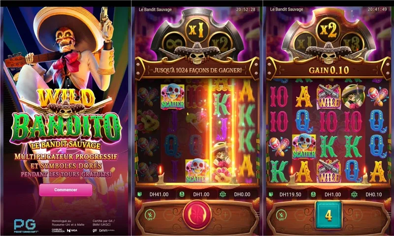 Wild Bandito slot machine with Day of the Dead mariachi skeleton and golden pistols